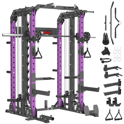 Smith Machine, 2600LBS Squat Rack, 7-in-1 Home Gym Cage with Adjustable Safety Bars, Pull-Up & LAT Pulldown - color: Purple, size: P107 Only Smith Machine