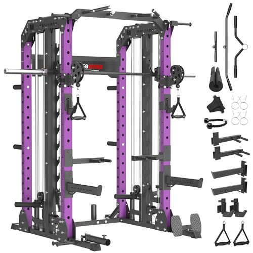 Smith Machine, 2600LBS Squat Rack, 7-in-1 Home Gym Cage with Adjustable Safety Bars, Pull-Up & LAT Pulldown - color: Purple, size: P107 Only Smith Machine