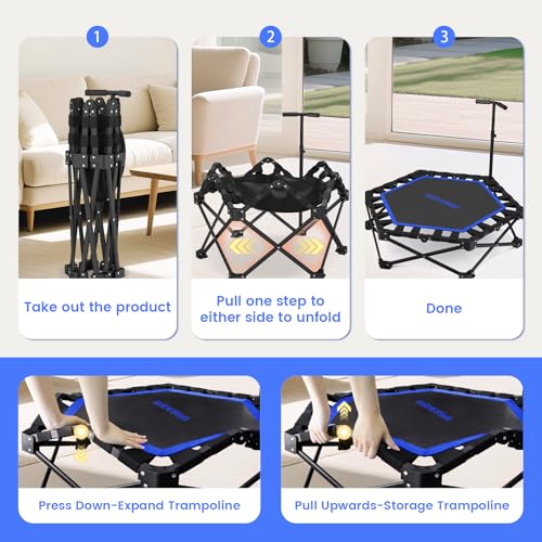 Foldable Mini Trampoline, 42'' Rebounder Trampoline with Adjustable Foam Handle, Fitness Trampoline for Indoor, Outdoor, Home Gym,Max Load 460lbs - color: Blue