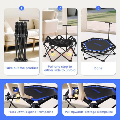 Foldable Mini Trampoline, 42'' Rebounder Trampoline with Adjustable Foam Handle, Fitness Trampoline for Indoor, Outdoor, Home Gym,Max Load 460lbs - color: Blue