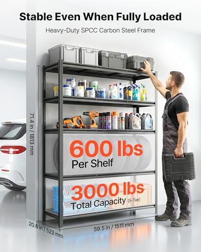 VEVOR Garage Shelving, 5-Tier Adjustable Storage Shelves, 3000 lbs Heavy Duty Garage Shelves, Metal Utility Rack Shelf for Garage Workshop Warehouse Basement, 59.49" W x 20.55" D x 71.38" H - size: 20" D x 59" W x 71.4"