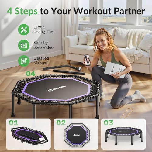 BCAN BT3 51" Octagonal Rebounder Trampoline for Adults, 450LBS Max Load Fitness Trampoline with Large Jumping Area, Silent Bungee Mini Trampoline with T-Adjustable Handle for Home Gym