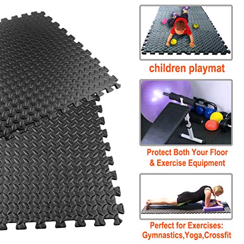 Exercise Mats Puzzle Foam Mats Gym Flooring Mat Cover 20 SQ.FT Interlocking Foam Mats with EVA Foam Floor Tiles for Home Gym Equipment Workouts Black
