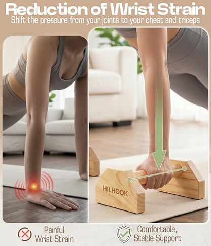 Parallettes Push Up Bar, Oak Calisthenics Equipment for Handstand Training, Wooden Push-Up Stand Handles with Non-Slip Base for Core & Upper Body Strength Training, 550 lbs Capacity