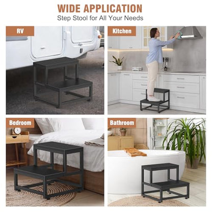 LIANTRAL 2 Step Stool for Adults Kids, Heavy Duty Sturdy Steel Frame with Wooden Steps, Bedside Foot Stool with 500lbs Load Capacity, Non-Slip Step Stool for High Bed, Kitchen, RV Step - Black