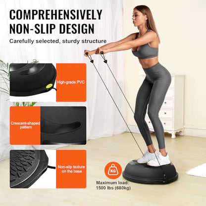 VEVOR Half Exercise Ball Trainer, 23/26 inch Balance Ball Trainer, 1500lbs Capacity Stability Ball, Yoga Ball with Resistance Bands & Foot Pump, Strength Fitness Ball for Home Gym Full Body Workout - color: 26" Waterflow Black