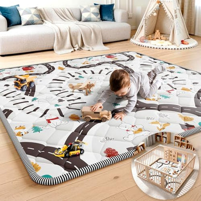 Palopalo 47x47 Foam Baby Floor Play Mat with Train Track Design - 0.8in Thick Cushioning Playmat for Safety, Non-Slip Playpen Mat for Infants & Toddlers, Perfect for Sensory & Motor Skill Development