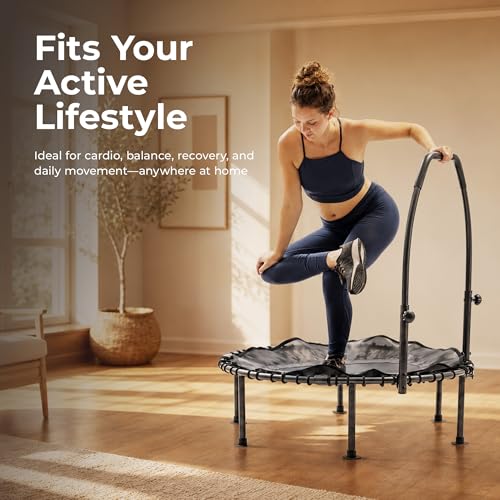 Sunny Health & Fitness 36”/40”/48” Bungee Exercise Trampoline for Adults with Adjustable Foam U-Shaped Handlebar – Home Indoor Cardio, Silent & Low Impact Bounce - size: 40" trampoline