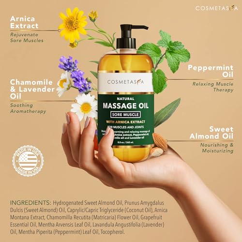 Cosmetasa Massage Oil for Sore Muscle Massage Therapy with Roller - All Natural, Cruelty-Free Massage Oils for Muscle Relaxing & Joint Comfort - Arnica Extract with Lavender & Chamomile Oil (8.8 oz)