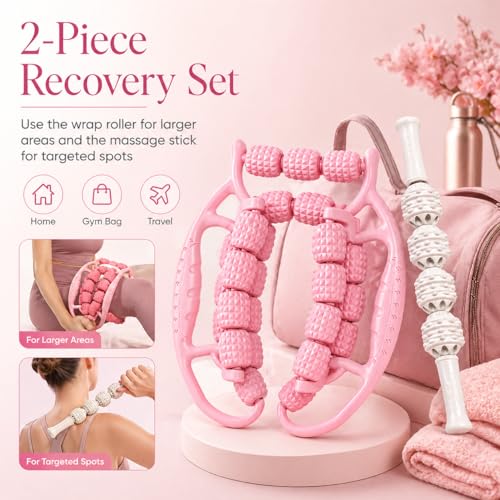 Upgraded Leg Roller Massager, Open-Side Muscle Roller with 29 Textured Rollers, Ergonomic 3D Rolling Massager for Legs, Arms & Neck, Portable Muscle Relaxation Tool for Home Gym(Pink)