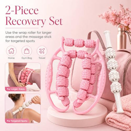 Upgraded Leg Roller Massager, Open-Side Muscle Roller with 29 Textured Rollers, Ergonomic 3D Rolling Massager for Legs, Arms & Neck, Portable Muscle Relaxation Tool for Home Gym(Pink)