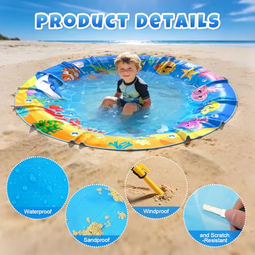 4.9 X 4.9 Feet Baby Beach Pool, Waterproof Beach Pool Blanket for Toddler, 2 in 1 Toddler Paddling Pool with Carrying Bag, Collapsible Beach Puddle Mat for Boys Girls Kids Infant Outdoor Beach Toys - color: Ocean Blue-3