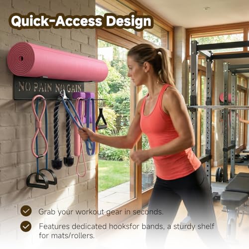Gym Home Rack 8 Hook Heavy-Duty Wall-mounted Organizer Multi-Purpose Workout Gear Wall Hanger Storage for Resistance Bands Jump Ropes Lifting Belt Fitness Bands Barbells Carabiners Included
