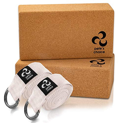Stretching Straps and Yoga Blocks - Yoga Beginner Kit for Pilates & Gym - style: 2 straps + 2 CORK blocks
