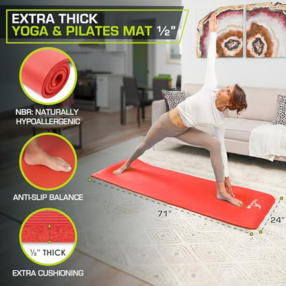 ProsourceFit Extra Thick Yoga and Pilates Mat 1/2” (13mm) or 1" (25mm), 71-inch Long High Density Exercise Mat with Comfort Foam and Carrying Strap - color: Red