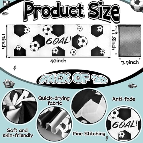 20 Pcs Soccer Towel 40 x 12 Inch Breathable Ice Sweat Towel with Storage Bag Quick Dry Microfiber Soccer Team Gift Party Favors for Fitness Camping Gym Running Sports Men Women Coach Gift - style: Soccer