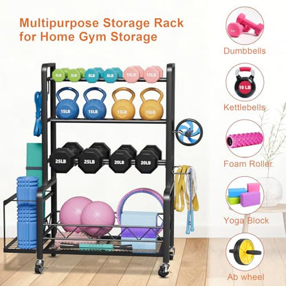 Dumbbell Rack, Adjustable Weight Rack for Home Gym, Metal Weight Stand for Dumbbells, Kettlebells, Yoga Gear, Multipurpose Workout Equipment Storage with 4 Wheels, Basket, Hooks, Black