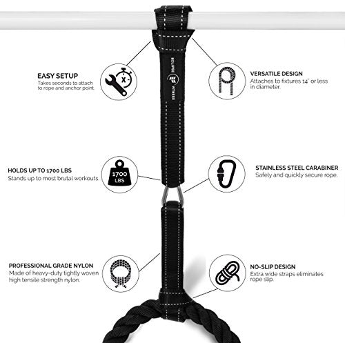 Battle Rope Anchor Strap Kit | Heavy Duty Reinforced Nylon | Easy and Fast Setup | Stops Rope Damage | Stainless Steel Carabiner | Includes Exercise Guide |
