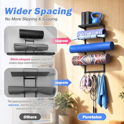 Yoga Mat Holder Wall Mount for Home Gym, 3-Tier Iron Yoga Mat Storage Rack & Organizer with Metal Shelf and 5 Hooks for Strap, Resistance Bands - Space Saving Wall Mounted Workout Equipment