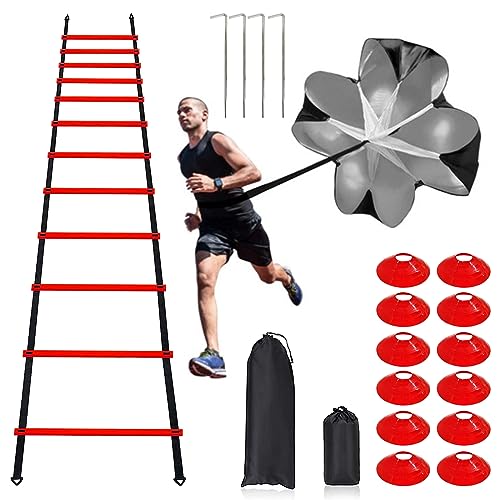 Pro Speed & Agility Training Set—Includes 12 Rung 20ft Adjustable Agility Ladder with Carrying Bag, 12 Disc Cones, 4 Steel Stakes, 1 Resistance Parachute, Use Equipment to Improve Footwork Any Sport