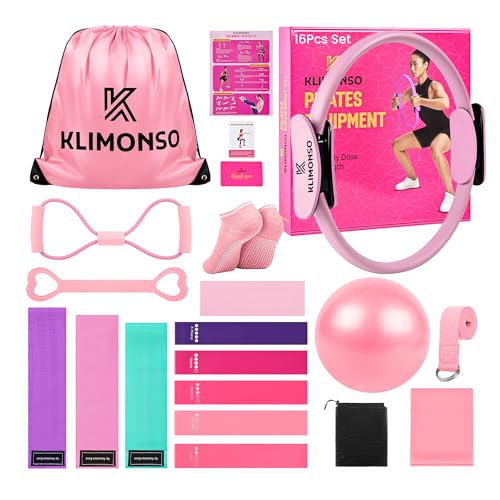 Pilates Kit for Men and Women - Complete Essential Set for Home Workout Equipment - Pilates Kit (14 inch) with 5Pcs Resistance Bands, Ball, Strap, Socks, Accessories and Carry Bag - color: PINK