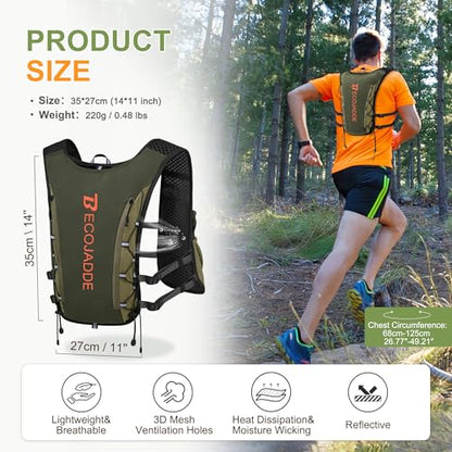 BECOJADDE Running Vest for Women Men, 5L/6L Lightweight Hydration Backpack Running Pack for Marathon, Trail, Cycling, Hiking, Jogging - color: Olive Green