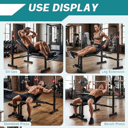 OLIXIS Adjustable Weight Bench Set with Rack, 650 LBS Capacity Heavy Duty Foldable Bench Press Set with Leg Extension Curl, Easy Assembly Strength Training Workout Set for Garage, Home, Gym