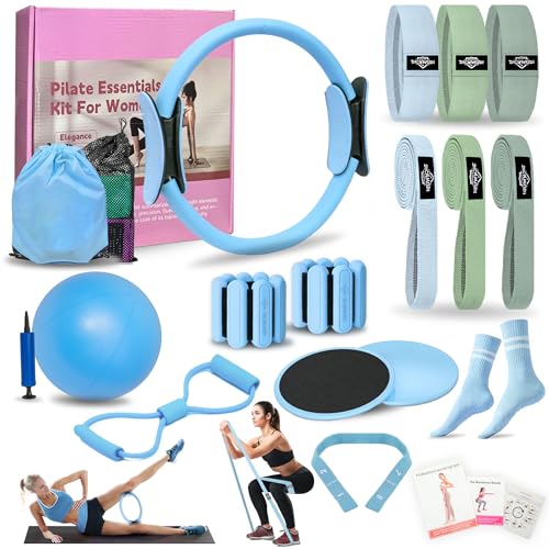 Pilates Essentials Kit for Home Women, Pilates Equipment for Workouts, 6 Fabric Resistance Bands, 12 Inch Magic Circle Yoga Ring, Mini Exercise Ball, Great Exercise Equipment