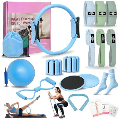 Pilates Essentials Kit for Home Women, Pilates Equipment for Workouts, 6 Fabric Resistance Bands, 12 Inch Magic Circle Yoga Ring, Mini Exercise Ball, Great Exercise Equipment