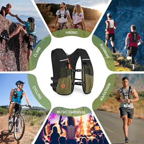 BECOJADDE Running Vest for Women Men, 5L/6L Lightweight Hydration Backpack Running Pack for Marathon, Trail, Cycling, Hiking, Jogging - color: Olive Green