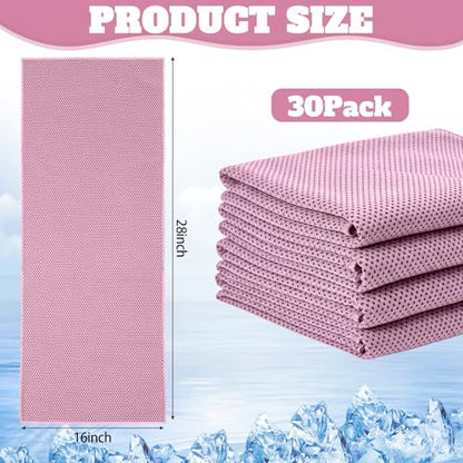 Honoson 30 Pack Cooling Towels 27"x16" Microfiber Neck Cooling Towel with Pouches, Reusable Sports Towel for Gym Running Golf Workout Outdoor Heat(Pink)