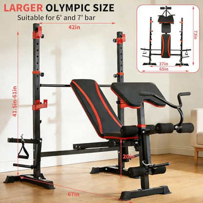 1500LB 8 IN 1 Olympic Weight Bench with Lat Pulldown and Leg Extension/Curl, Foldable Bench Press with Preacher Curl & Squat Rack, Workout Benches with Safety Bar Catches for Home Gym(US Stock) - color: red dark
