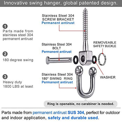 SELEWARE 2 Pack Swing Hangers Swing Set Hooks Stainless Steel Hammock Hooks for Porch Swing, Hammock Chair, Heavy Bag, Yoga Silk, Suspension Straps, Gymnastics Rings