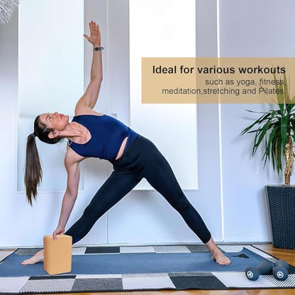 4 Pack Cork Yoga Blocks, Non Slip and High Density Yoga Blocks, Natural Wood Brick for Exercise, Pilates, Stretching, Balance, Gym, Home Workout,9 x 6 x 4Inch