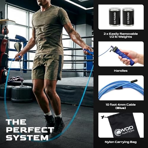 Weighted Jump Rope for Men & Women, 1LB Adjustable Heavy Speed Rope with Removable Handle Weights, Dual Cables for Cross Training, Boxing, Cardio & Home Workouts Durable Adult Fitness Jump Rope - Blue