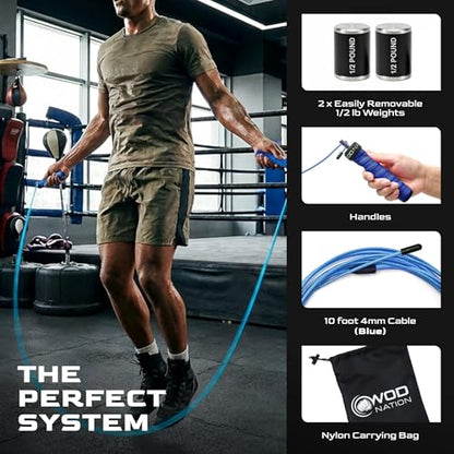 Weighted Jump Rope for Men & Women, 1LB Adjustable Heavy Speed Rope with Removable Handle Weights, Dual Cables for Cross Training, Boxing, Cardio & Home Workouts Durable Adult Fitness Jump Rope - Blue