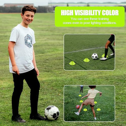 XIHIRCD 15pcs Soccer Cones for Sports Training, Mini Football Pylons Cones Flexible Agility Practice Cones for Basketball Running Drills Sports Games Field Cone Markers Kids (Fluorescent Green)