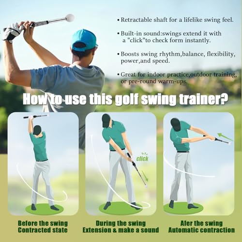 Retractable Golf Swing Training Aid, Golf Grip Trainer for Warm Up, Click Feedback Golf Swing Trainer for Improving Hitting Strength & Tempo, Ideal for Beginners, Indoor & Outdoor Practice