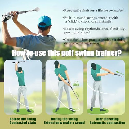 Retractable Golf Swing Training Aid, Golf Grip Trainer for Warm Up, Click Feedback Golf Swing Trainer for Improving Hitting Strength & Tempo, Ideal for Beginners, Indoor & Outdoor Practice