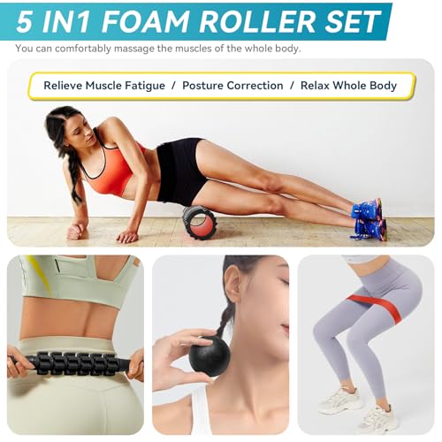 Krightlink 5-in-1 Foam Roller Set - Deep Tissue Muscle Recovery Kit with High Density Exercise Roller, Massage Ball, Resistance Band & Carry Bag for Physical Therapy & Pain Relief (Black) - color: Pure Black
