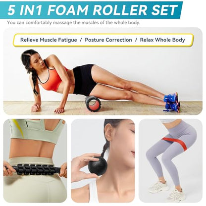 Krightlink 5-in-1 Foam Roller Set - Deep Tissue Muscle Recovery Kit with High Density Exercise Roller, Massage Ball, Resistance Band & Carry Bag for Physical Therapy & Pain Relief (Black) - color: Pure Black