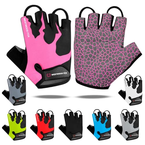 WESTWOOD FOX Cycling Gloves Half Finger Unisex Padded Grips Palm Bicycle Summer MTB Bike Gloves for Men Women Non-Slip Fingerless Short Mountain Bike Sports Hiking Climbing Gym - color: Pink, size: Small