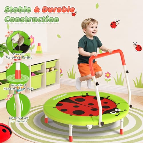 Premium 3FT Foldable Toddler Trampoline for Kids Ages 3-6, 36 Inch ASTM Certified Mini Trampoline with Adjustable Handle, 100 lbs Capacity, Quiet Elastic Bands, Safe for Indoor Outdoor Use - style: Green