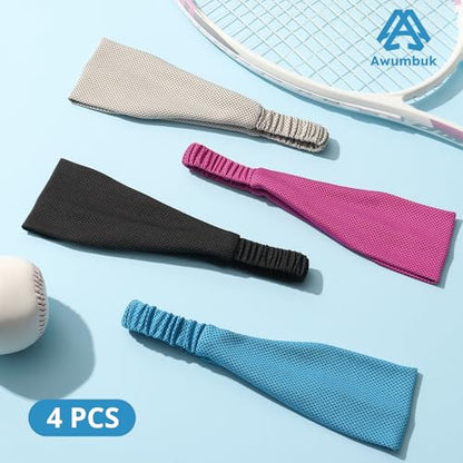 Cooling Headbands for Women, Non-Slip Sweatbands for Women, 4-Pack Elastic Sports Head Bands for Running, Yoga, Gym Workouts, Football
