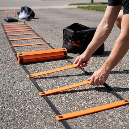 Agility Ladder Training Set - Orange Speed & Footwork Equipment for Sports, Soccer & Fitness - Includes Resistance Parachute, Cones, Jump Rope & Carry Bag