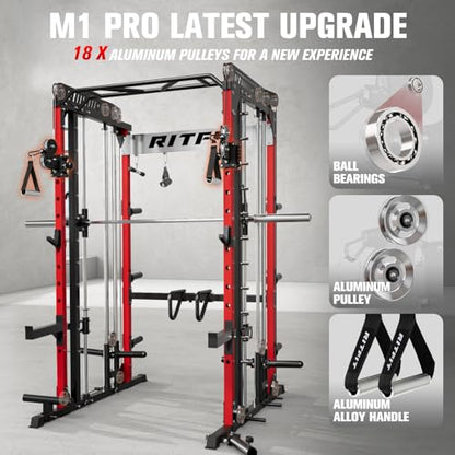 RitFit M1 Pro Smith Machine Cable Crossover Power Cage Home Gym - color: RED, size: M1 PRO (With BP370)