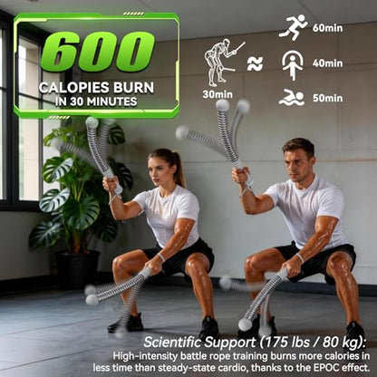 Ropeless Battle Ropes for Home Gym&Travel - 2 Pack Cordless Portable Battle Ropes, Exercise Rope Sticks for HIIT, Strength & Cardio, Fitness Enthusiasts and Athletes, Grey