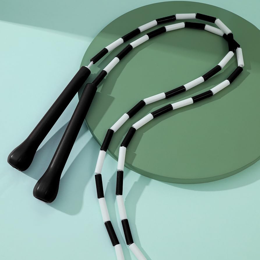 Experience Smooth and Adjustable Jumping with the IDOU Beaded Jump Rope - Unbreakable Handles, Tangle-Free Rotation, and Customizable Length. The Ultimate Fitness Companion! - color: Black & White Beaded
