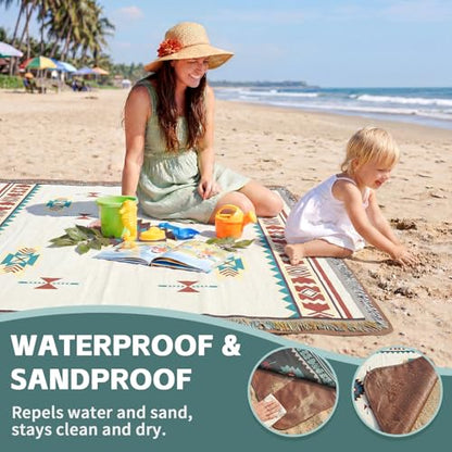 2 in 1 Extra Large Outdoor Rug Picnic Mat Woven Summer Throw Blanket Boho Giant Beach Travel Essential Yoga Accessories Park Patio Lawn Garden Grass Ground Play Music Festival Concert Must Have - color: Boho Beige