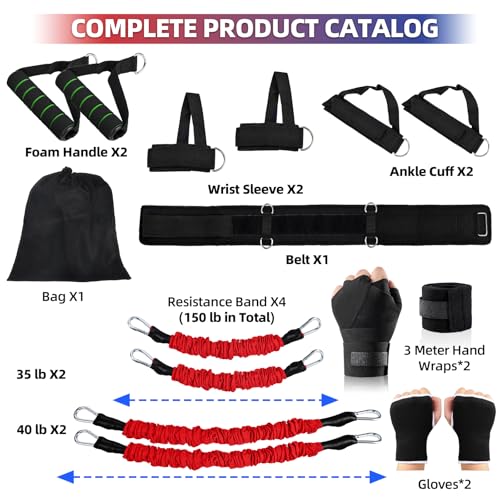 Boxing Resistance Bands Set for Boxing MMA Martial Arts Training Equipment, 150lbs Exercise Bands with Cuffs & Belt, Workout Band for Resistance Training Enhance Explosive Power/Speed/Agility